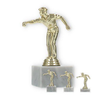 Pokal Kunststofffigur Petanque Herren gold auf weißem Marmorsockel