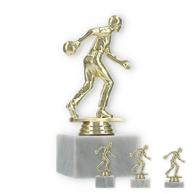 Pokal Kunststofffigur Bowlingspieler gold auf weißem Marmorsockel