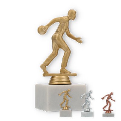 Pokal Kunststofffigur Bowlingspieler auf weißem Marmorsockel