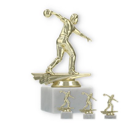 Pokal Kunststofffigur Bowling Herren gold auf weißem Marmorsockel