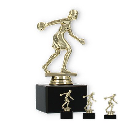 Pokal Kunststofffigur Bowlingspielerin gold auf schwarzem Marmorsockel