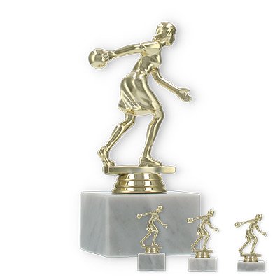 Pokal Kunststofffigur Bowlingspielerin gold auf weißem Marmorsockel