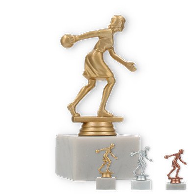 Pokal Kunststofffigur Bowlingspielerin auf weißem Marmorsockel