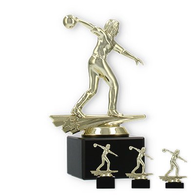 Pokal Kunststofffigur Bowling Damen gold auf schwarzem Marmorsockel