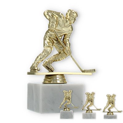 Pokal Kunststofffigur Eishockeyspieler gold auf weißem Marmorsockel