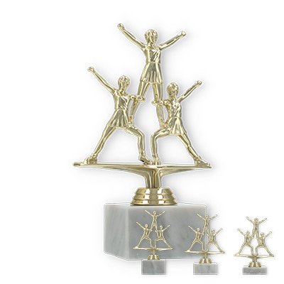 Pokal Kunststofffigur Cheerleader Pyramide gold auf weißem Marmorsockel