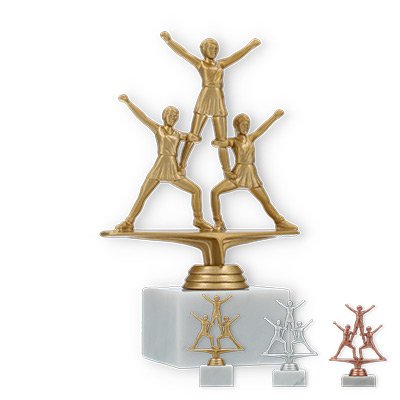 Pokal Kunststofffigur Cheerleader Pyramide auf weißem Marmorsockel