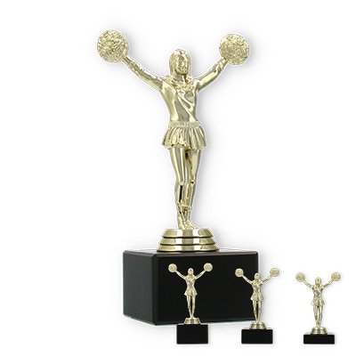 Pokal Kunststofffigur Cheerleader Tanz gold auf schwarzem Marmorsockel