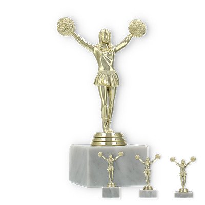 Pokal Kunststofffigur Cheerleader Tanz gold auf weißem Marmorsockel