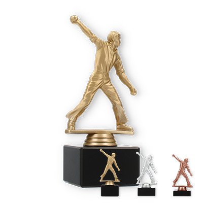 Trophy plastic figure cricket pitcher on black marble base
