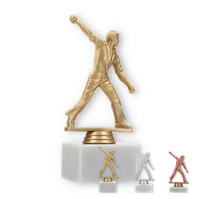 Trophy plastic figure cricket thrower on white marble base