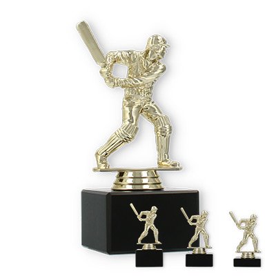 Pokal Kunststofffigur Cricket Schlagmann gold auf schwarzem Marmorsockel