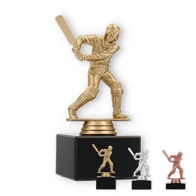 Pokal Kunststofffigur Cricket Schlagmann auf schwarzem Marmorsockel