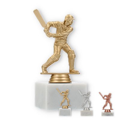 Pokal Kunststofffigur Cricket Schlagmann auf weißem Marmorsockel