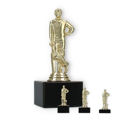 Pokal Kunststofffigur Cricketspieler gold auf schwarzem Marmorsockel