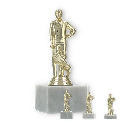 Pokal Kunststofffigur Cricketspieler gold auf weißem Marmorsockel