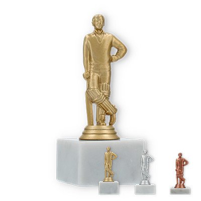 Trophy plastic figure cricket player on white marble base