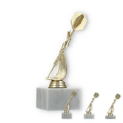 Pokal Kunststofffigur Dartpfeil gold auf weißem Marmorsockel