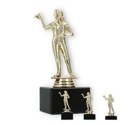 Trophy plastic figure female dart player gold on black marble base