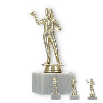 Trophy plastic figure female dart player gold on white marble base