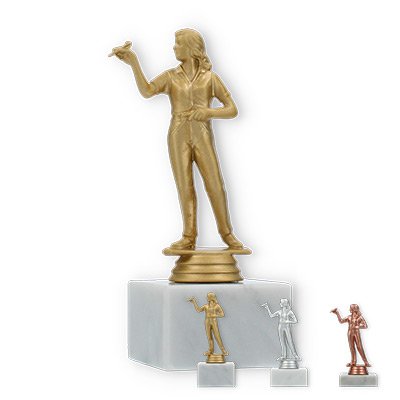 Pokal Kunststofffigur Dartspielerin auf weißem Marmorsockel
