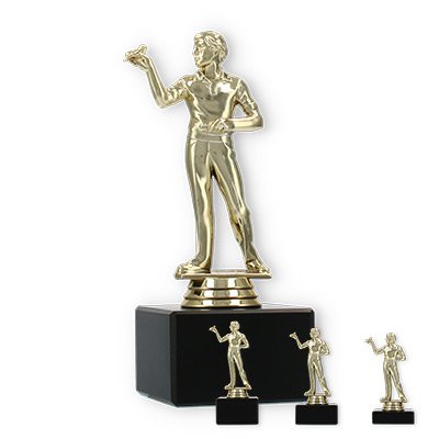 Pokal Kunststofffigur Dartspieler gold auf schwarzem Marmorsockel