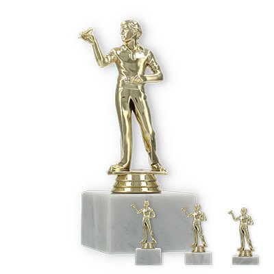 Pokal Kunststofffigur Dartspieler gold auf weißem Marmorsockel
