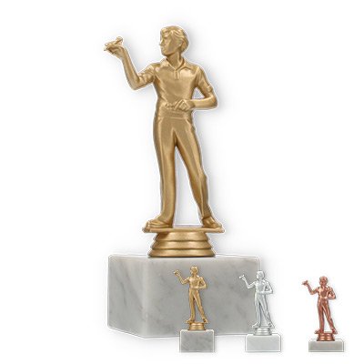 Trophy plastic figure dart player on white marble base