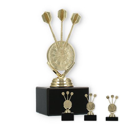 Troféu figura plástica de dardos dourados sobre base de mármore preto
