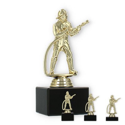 Pokal Kunststofffigur Feuerwehrmann gold auf schwarzem Marmorsockel