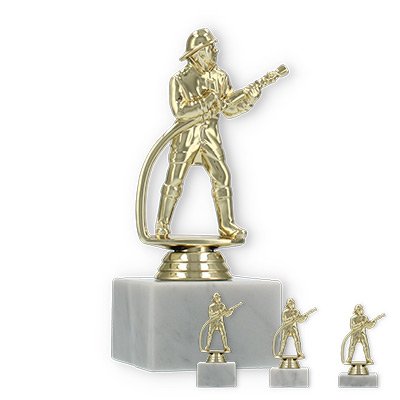 Pokal Kunststofffigur Feuerwehrmann gold auf weißem Marmorsockel