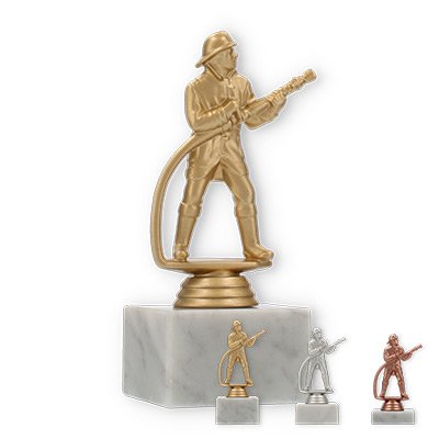 Pokal Kunststofffigur Feuerwehrmann auf weißem Marmorsockel