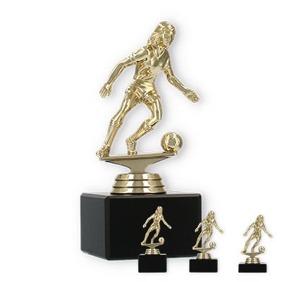 Pokal Kunststofffigur Fußball Damen gold auf schwarzem Marmorsockel