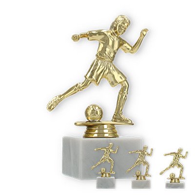 Pokal Kunststofffigur Mädchenfußballerin gold auf weißem Marmorsockel
