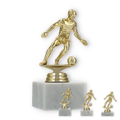 Pokal Kunststofffigur Fußball Herren gold auf weißem Marmorsockel