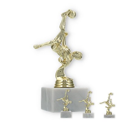 Pokal Kunststofffigur Fallrückzieher gold auf weißem Marmorsockel