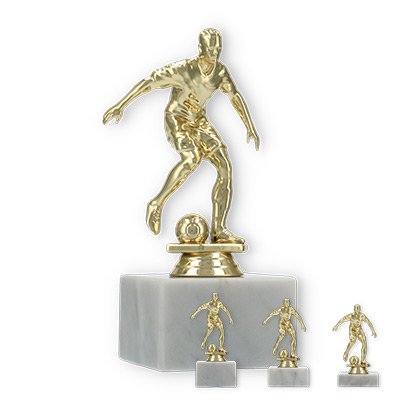 Pokal Kunststofffigur Fußballer gold auf weißem Marmorsockel