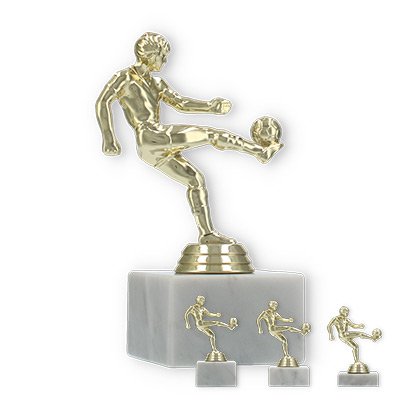Pokal Kunststofffigur Fußballspieler gold auf weißem Marmorsockel