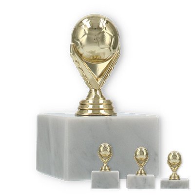 Pokal Kunststofffigur Fußball gold auf weißem Marmorsockel