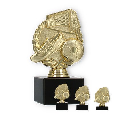 Pokal Kunststofffigur Fußball im Kranz gold auf schwarzem Marmorsockel