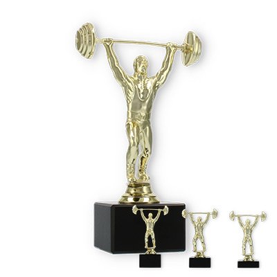 Pokal Kunststofffigur Gewichtheber gold auf schwarzem Marmorsockel