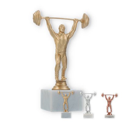 Trophy plastic figure weightlifter on white marble base