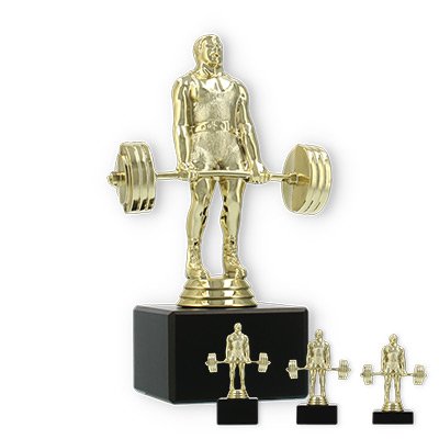 Pokal Kunststofffigur Kraftdreikampf Kreuzheben gold auf schwarzem Marmorsockel