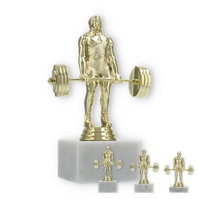 Pokal Kunststofffigur Kraftdreikampf Kreuzheben gold auf weißem Marmorsockel