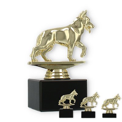 Pokal Kunststofffigur Schäferhund gold auf schwarzem Marmorsockel