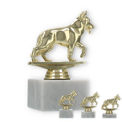 Pokal Kunststofffigur Schäferhund gold auf weißem Marmorsockel