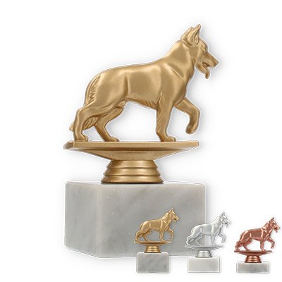 Pokal Kunststofffigur Schäferhund auf weißem Marmorsockel