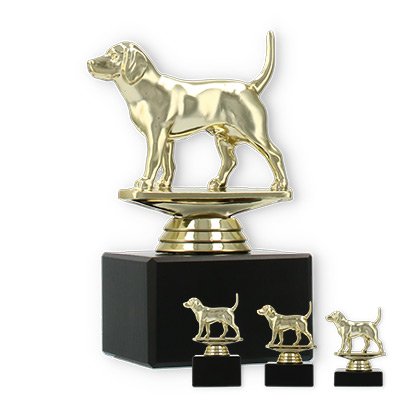 Pokal Kunststofffigur Beagle gold auf schwarzem Marmorsockel
