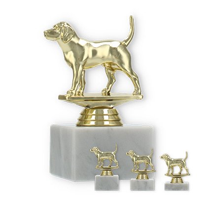 Pokal Kunststofffigur Beagle gold auf weißem Marmorsockel