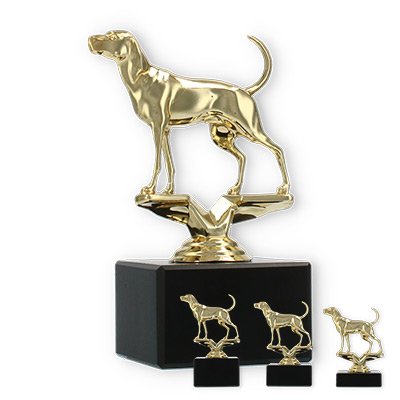 Pokal Kunststofffigur Coonhound gold auf schwarzem Marmorsockel